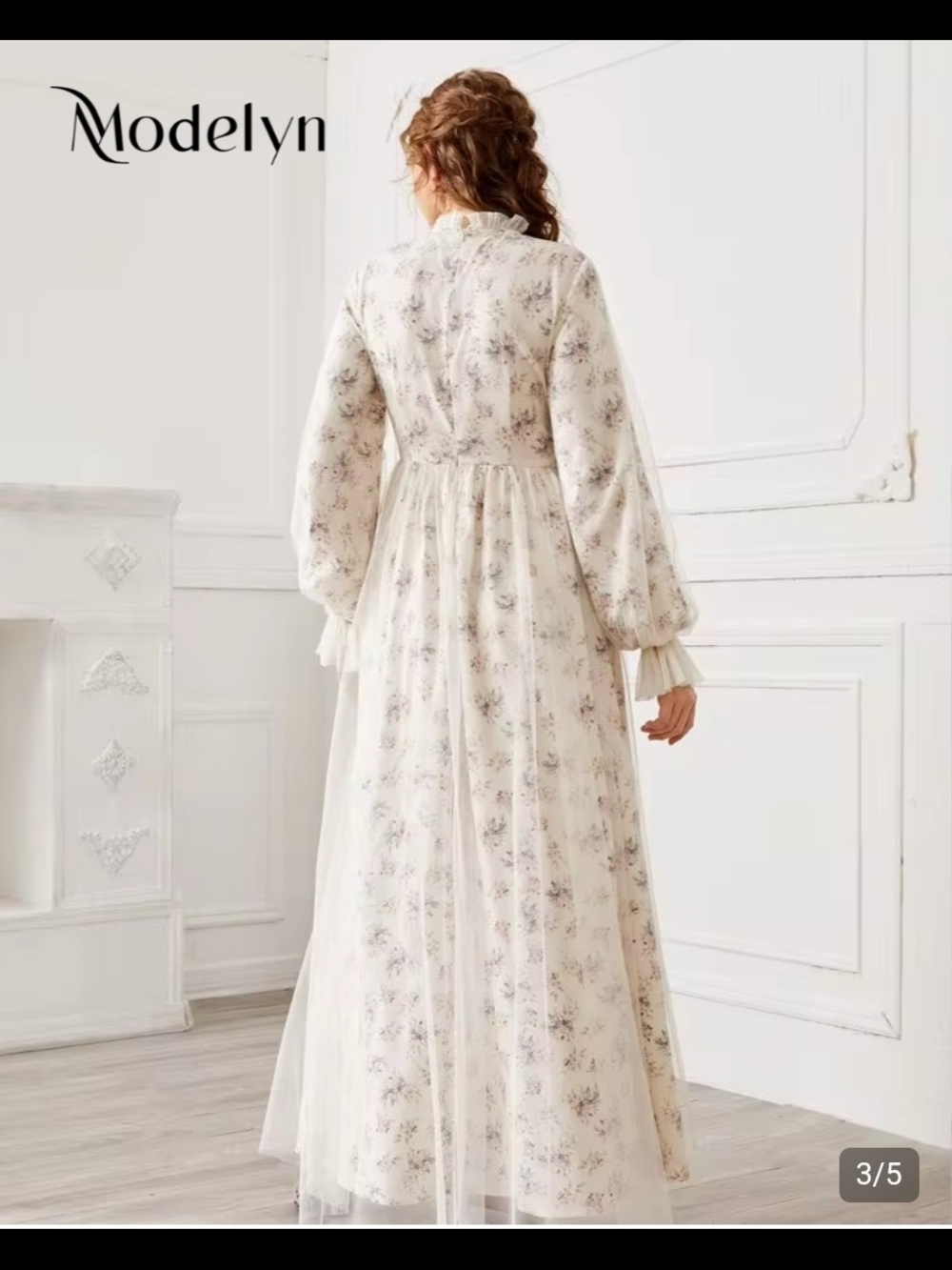SHEIN Ivory Floral Ruffle-Cuff Maxi Dress